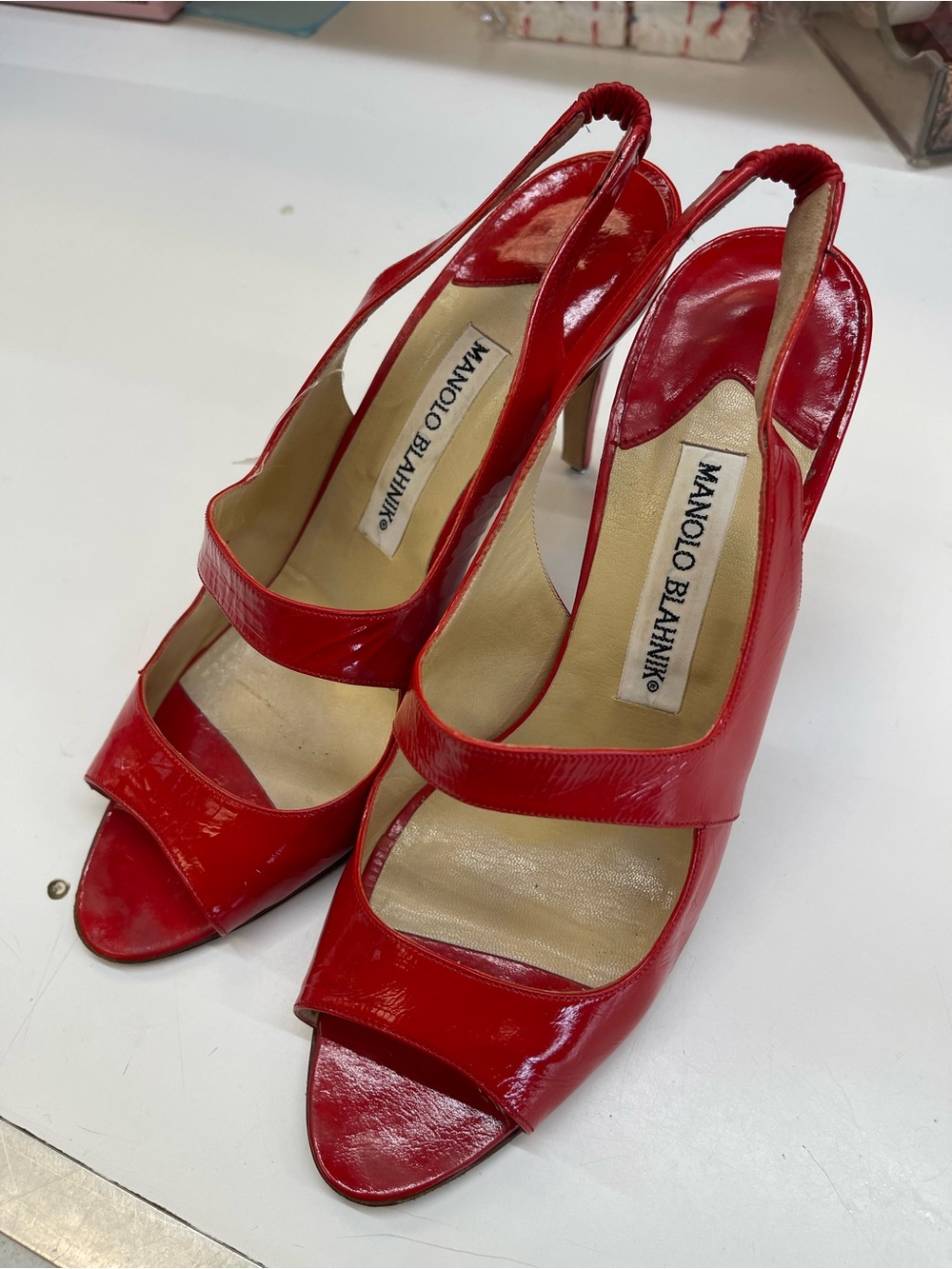 Manolo Blahnik Red Patent Open-Toe Slingback Heels